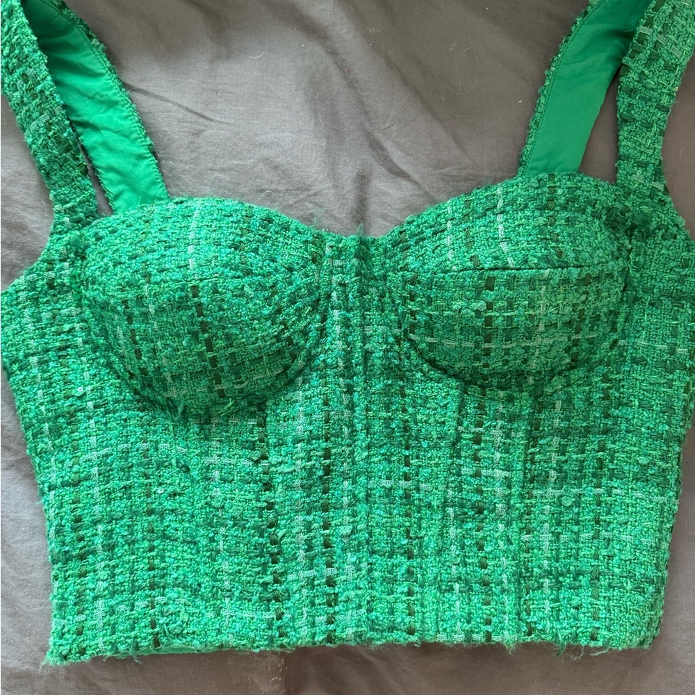 Aqua x Maeve Reilly Green Tweed Bustier Top
